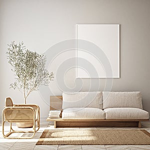 MOck up poster in modern home interior background, living room, Scandinavian style 3D render