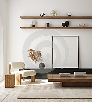 MOck up poster in modern home interior background, living room, Scandinavian style 3D render