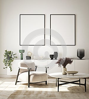 MOck up poster in modern home interior background, living room, Scandinavian style 3D render