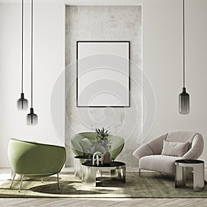 MOck up poster in modern home interior background, living room, Scandinavian style 3D render