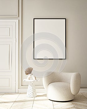 MOck up poster in modern home interior background, living room, Scandinavian style 3D render