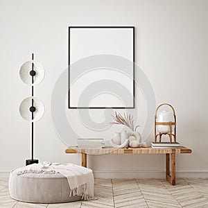 MOck up poster in modern home interior background, living room, Scandinavian style 3D render