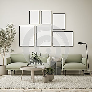 MOck up poster in modern home interior background, living room, Scandinavian style 3D render