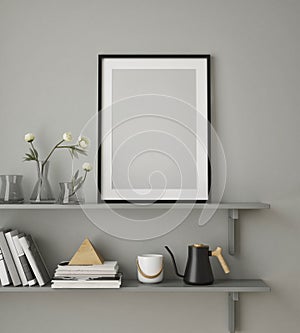 MOck up poster in modern home interior background, living room, Scandinavian style 3D render