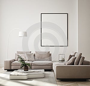 MOck up poster in modern home interior background, Living room, Scandinavian style 3D render