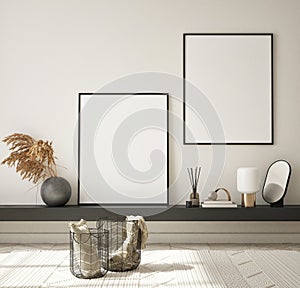 MOck up poster in modern home interior background, Living room, Scandinavian style 3D render