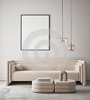 MOck up poster in modern home interior background, Living room, Scandinavian style 3D render