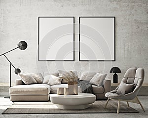 MOck up poster in modern home interior background, Living room, Scandinavian style 3D render