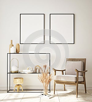 MOck up poster in modern home interior background, Living room, Scandinavian style 3D render