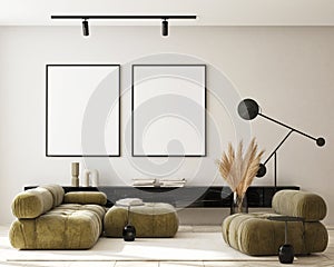 MOck up poster in modern home interior background, Living room, Scandinavian style 3D render