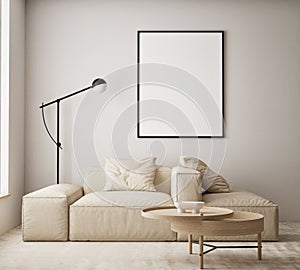 MOck up poster in modern home interior background, Living room, Scandinavian style 3D render