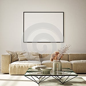 MOck up poster in modern home interior background, Living room, Scandinavian style 3D render