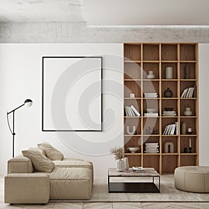 MOck up poster in modern home interior background, Living room, Scandinavian style 3D render