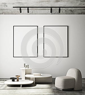 MOck up poster in modern home interior background, Living room, Scandinavian style 3D render