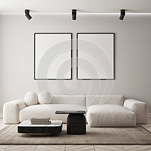 MOck up poster in modern home interior background, Living room, Scandinavian style 3D render