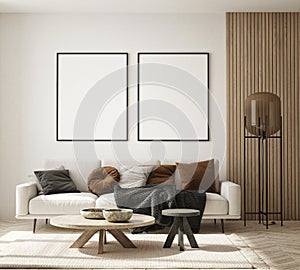 MOck up poster in modern home interior background, Living room, Scandinavian style 3D render