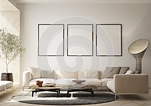 MOck up poster in modern home interior background, Living room, Scandinavian style 3D render