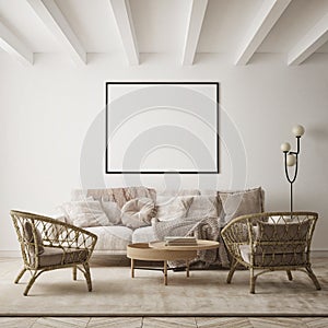 MOck up poster in modern home interior background, Living room, Scandinavian style 3D render