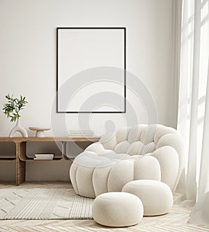 MOck up poster in modern home interior background, Living room, Scandinavian style 3D render