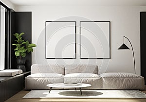 MOck up poster in modern home interior background, Living room, Scandinavian style 3D render