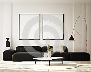 MOck up poster in modern home interior background, Living room, Scandinavian style 3D render