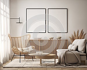 Mock up poster in modern home interior background, Living room, Scandinavian style 3D render