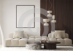 Mock up poster in modern home interior background, Living room, Scandinavian style 3D render