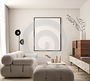 Mock up poster in modern home interior background, Living room, Scandinavian style 3D render