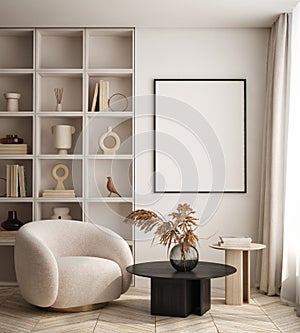 Mock up poster in modern home interior background, Living room, Scandinavian style 3D render