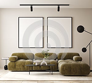 Mock up poster in modern home interior background, Living room, Scandinavian style 3D render photo