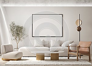 Mock up poster in modern home interior background, Living room, Scandinavian style 3D render photo