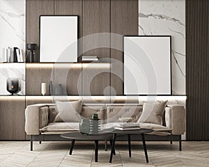 Mock up poster in modern interior background, living room, luxury style 3D render