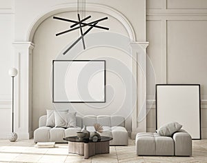 Mock up poster in modern interior background, living room, minimalistic style 3D render