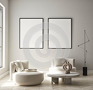 Mock up poster in modern interior background, living room, minimalistic style 3D render