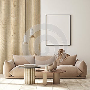 Mock up poster in modern interior background, living room, minimalistic style 3D render