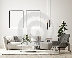 Mock up poster in modern interior background, living room, minimalistic style 3D render