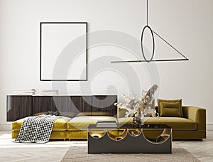 Mock up poster in modern interior background, living room, minimalistic style 3D render