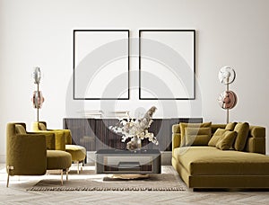 Mock up poster in modern interior background, living room, minimalistic style 3D render