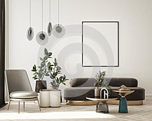 Mock up poster in modern interior background, living room, minimalistic style 3D render