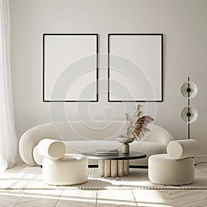 Mock up poster in modern interior background, living room, minimalistic style 3D render photo