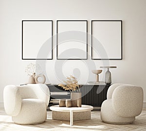 Mock up poster in modern interior background, living room, minimalistic style 3D render photo