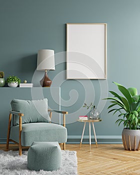 Mock up poster in modern living room interior design with dark green empty wall