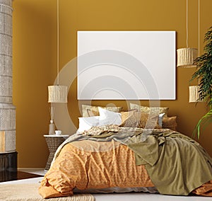 Mock up poster, mustard color bedroom interior with patterned bed, Bohemian style