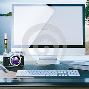 Mock up poster of photographer work desktop