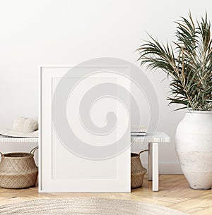 Mock up poster in Scandinavian interior with bench, baskets and palm branches in pots