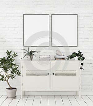 Mock-up poster in Scandinavian style home interior with chest of drawers and plants