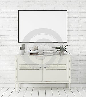 Mock-up poster in Scandinavian style home interior with chest of drawers and plants