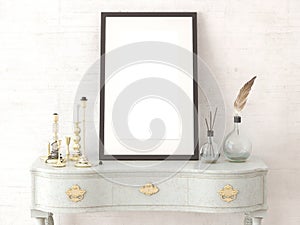 Mock up poster with a stylish frame on a classic chest of drawers.