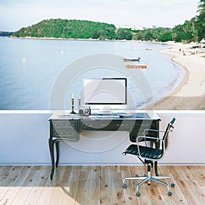 Mock up poster of travel blogger work desktop with beach view