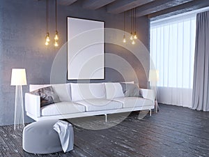 Mock up poster with vintage pastel hipster minimalism loft interior background, 3D rendering, 3D illustration